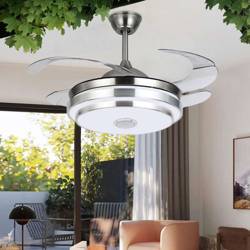Ebern Designs Geroldine 4 Blade LED Retractable Blades Ceiling Fan with Remote Control and